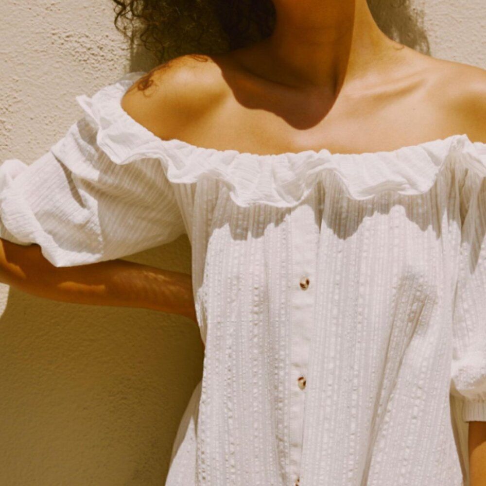 Anthropologie Ruffle Off-The-Shoulder Gauze Dress in White Size Medium - Picture 2 of 14